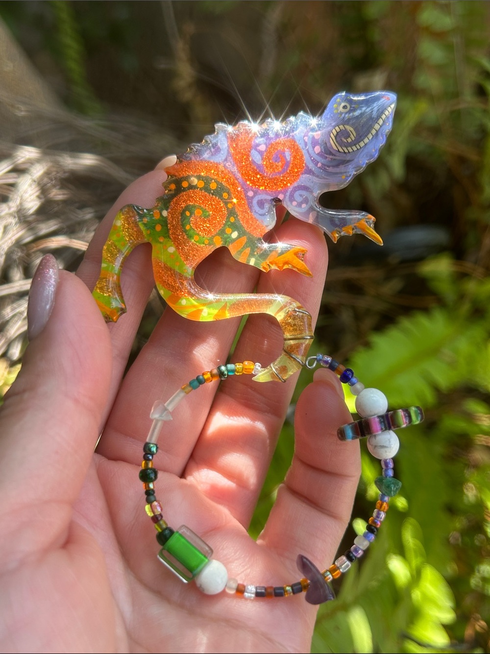 Robin Senour “Sacred Laughter” Colorful Multicolor Reptile Beaded Brooch